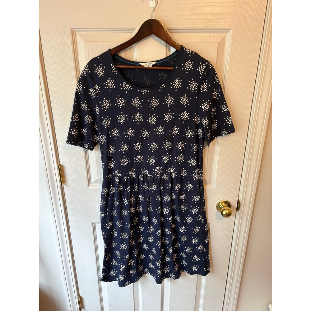 Boden Jersey Dress Womens 12L Navy Blue Dot Print Pockets Casual Mini